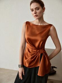 MOTF PREMIUM WOMEN'S ELEGANT DAILY COMMUTE SLEEVELESS BLOUSE WITH WAIST KNOT DETAIL - Burnt Orange - View 4
