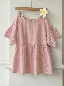 SHEIN EZwear 女士休闲红白条纹圆领短袖梭织衬衫，夏季 - 紅白色 - 查看 4