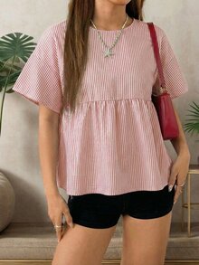 SHEIN EZwear 女士休闲红白条纹圆领短袖梭织衬衫，夏季 - 紅白色 - 查看 12