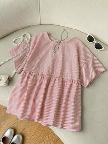 SHEIN EZwear 女士休闲红白条纹圆领短袖梭织衬衫，夏季 - 紅白色 - 查看 8