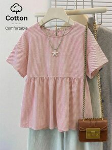 SHEIN EZwear 女士休闲红白条纹圆领短袖梭织衬衫，夏季 - 紅白色 - 查看 11