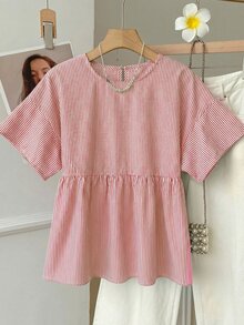 SHEIN EZwear 女士休闲红白条纹圆领短袖梭织衬衫，夏季 - 紅白色 - 查看 10