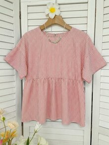 SHEIN EZwear 女士休闲红白条纹圆领短袖梭织衬衫，夏季 - 紅白色 - 查看 5