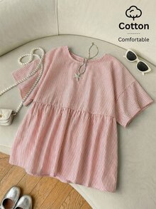 SHEIN EZwear 女士休闲红白条纹圆领短袖梭织衬衫，夏季 - 紅白色 - 查看 3