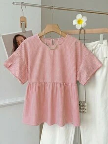 SHEIN EZwear 女士休闲红白条纹圆领短袖梭织衬衫，夏季 - 紅白色 - 查看 7