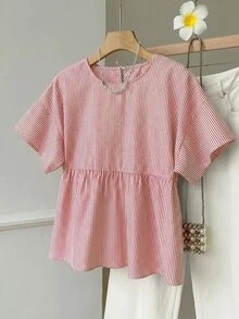 SHEIN EZwear 女士休闲红白条纹圆领短袖梭织衬衫，夏季 - 紅白色 - 查看 1