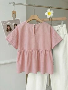 SHEIN EZwear 女士休闲红白条纹圆领短袖梭织衬衫，夏季 - 紅白色 - 查看 2