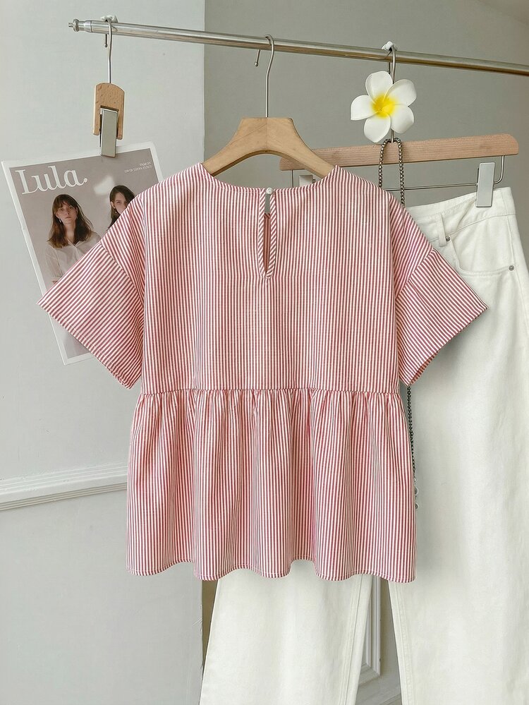 SHEIN EZwear Women's Casual Red And White Striped Round Neck Short Sleeve Woven Shirt, Summer,Summer Top - Red and White - View 2