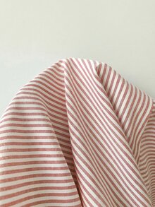 SHEIN EZwear 女士休闲红白条纹圆领短袖梭织衬衫，夏季 - 紅白色 - 查看 6