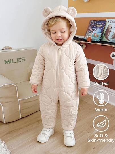 SHEIN Boys Casual Cute 3D Ear Design Padded Long Sleeve Romper