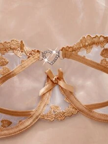 SHEIN 女款愛心刺繡網紗鋼圈內衣與短褲兩件套 - 棕色 - 查看 3