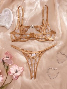 SHEIN 女款愛心刺繡網紗鋼圈內衣與短褲兩件套 - 棕色 - 查看 2