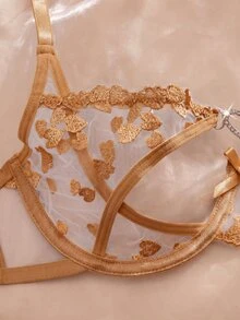 SHEIN 女款愛心刺繡網紗鋼圈內衣與短褲兩件套 - 棕色 - 查看 4