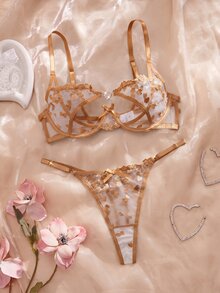 SHEIN 女款愛心刺繡網紗鋼圈內衣與短褲兩件套 - 棕色 - 查看 1