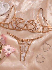 SHEIN 女款愛心刺繡網紗鋼圈內衣與短褲兩件套 - 棕色 - 查看 5