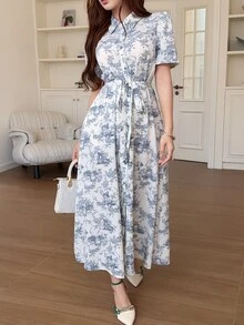 Feyla 女款夏季優雅全印花前開扣長洋裝 - 藍白色 - 查看 4