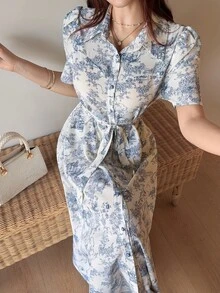 Feyla 女款夏季優雅全印花前開扣長洋裝 - 藍白色 - 查看 2