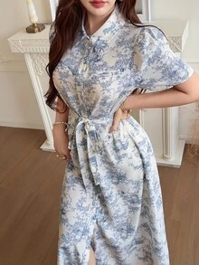 Feyla 女款夏季優雅全印花前開扣長洋裝 - 藍白色 - 查看 5