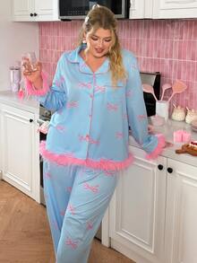 Slumberry CURVE Sweet Romantic Contrast Color Bow Print Contrast Edge Open Front Blue Knit Plus Size Pajama Set - Blue - View 6