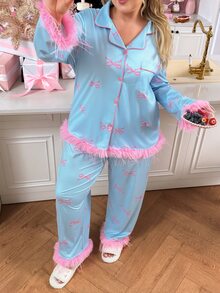 Slumberry CURVE Sweet Romantic Contrast Color Bow Print Contrast Edge Open Front Blue Knit Plus Size Pajama Set - Blue - View 2