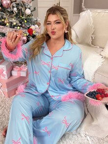 Slumberry CURVE Sweet Romantic Contrast Color Bow Print Contrast Edge Open Front Blue Knit Plus Size Pajama Set - Blue - View 3