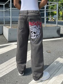 RivetRise 男士復古水洗灰色喇叭牛仔褲，後方骷髏玫瑰鏈條字母刺繡，哥德龐克街頭風 B - 黑色 - 查看 7