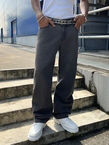 RivetRise 男士復古水洗灰色喇叭牛仔褲，後方骷髏玫瑰鏈條字母刺繡，哥德龐克街頭風 B - 黑色 - 查看 2