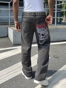 RivetRise 男士復古水洗灰色喇叭牛仔褲，後方骷髏玫瑰鏈條字母刺繡，哥德龐克街頭風 B - 黑色 - 查看 8