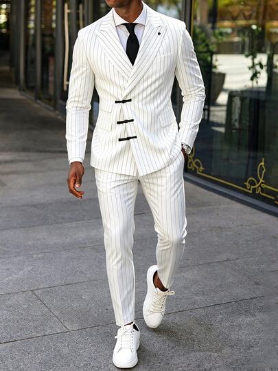 Manfinity Mode Bizformal White & Black Vertical Striped Chinese Frog Button Suit Set, Men's Luxury Slim Fit Peak Lapel Wedding Banquet Casual 2 Pieces Set, Commuter Formal Business Casual Suit