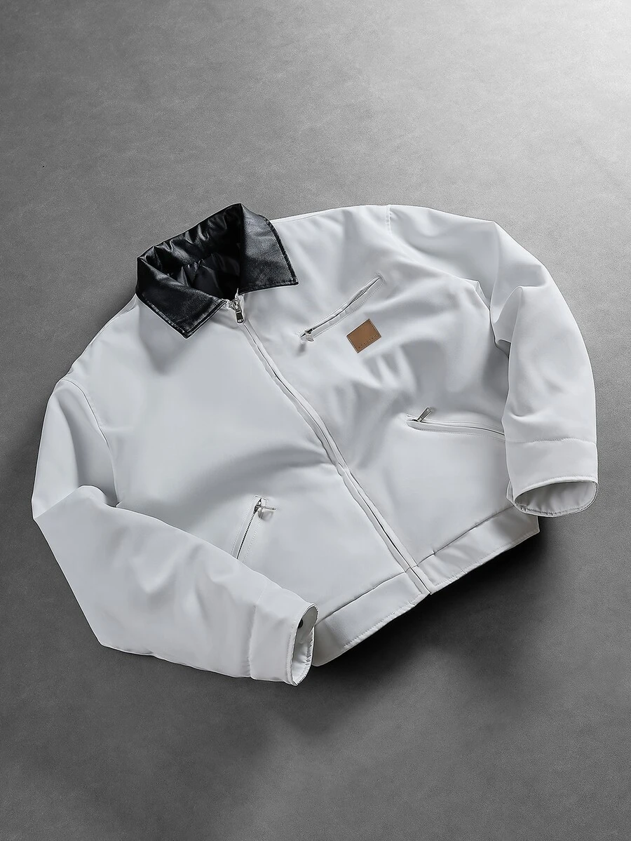 PAVTROS Minimalist Fashion Colorblock Padded Padded Coat For Men, White, Suitable For Daily Casual, Weekend Outings, Music Festivals, Parties And Other Social Occasions - White - View 1