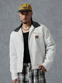 PAVTROS Minimalist Fashion Colorblock Padded Padded Coat For Men, White, Suitable For Daily Casual, Weekend Outings, Music Festivals, Parties And Other Social Occasions - White - View 5