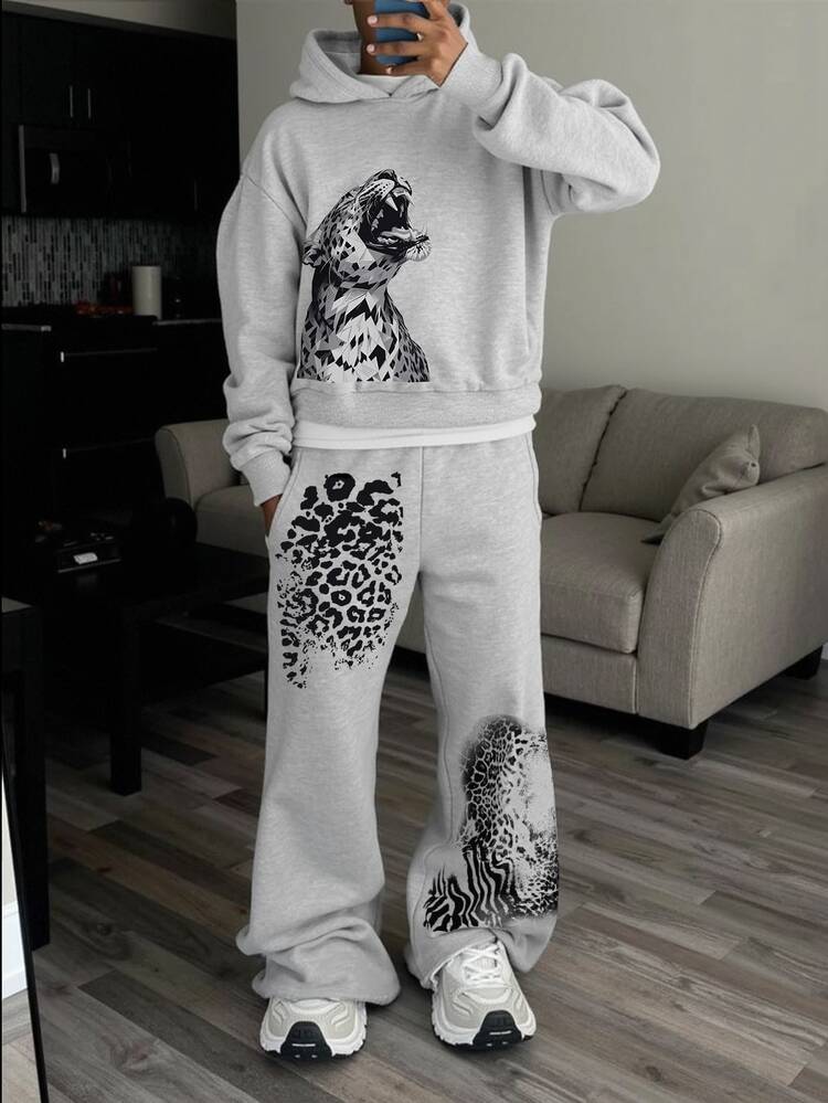 Manfinity EMRG Men's Grey Two Pieces Sports Set, Millennium Street Style Hoodie + Wide Leg Sweatpants, Geometric Leopard Graphic And Leopard Zebra Mixed Animal Print Outfit, Retro Casual Suit, Suitable For Coachella Music Festival, Concerts, Outings And Gatherings - Grey - View 4