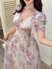 Feyla Elegant Floral Print Ruffle Hem Women Dress Tea Party Pink Floral Summer - Multicolor - View 2