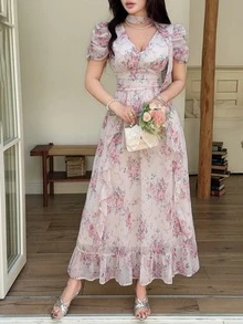 Feyla Elegant Floral Print Ruffle Hem Women Dress Tea Party Pink Floral Summer - Multicolor - View 6