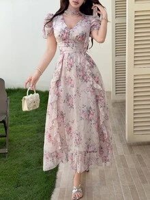Feyla Elegant Floral Print Ruffle Hem Women Dress Tea Party Pink Floral Summer - Multicolor - View 3