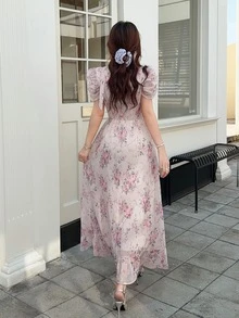 Feyla Elegant Floral Print Ruffle Hem Women Dress Tea Party Pink Floral Summer - Multicolor - View 5