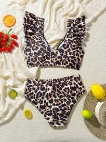 SHEIN Swim Women's Leopard Print Ruffle Edge Sexy Split Bikini Swimwear Set, Summer Beach - Multicolor - View 5