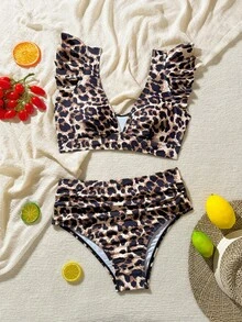 SHEIN Swim Women's Leopard Print Ruffle Edge Sexy Split Bikini Swimwear Set, Summer Beach - Multicolor - View 4