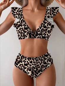 SHEIN Swim Women's Leopard Print Ruffle Edge Sexy Split Bikini Swimwear Set, Summer Beach - Multicolor - View 6