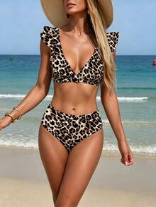 SHEIN Swim Women's Leopard Print Ruffle Edge Sexy Split Bikini Swimwear Set, Summer Beach - Multicolor - View 3