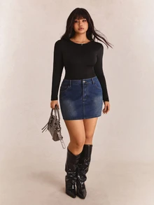 CovetEZ Plus Size Solid Color Long Sleeve Bodysuit Going Out Black Autumn Sexy - Black - View 7