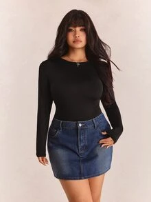 CovetEZ Plus Size Solid Color Long Sleeve Bodysuit Going Out Black Autumn Sexy - Black - View 6