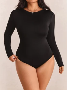 CovetEZ Plus Size Solid Color Long Sleeve Bodysuit Going Out Black Autumn Sexy - Black - View 8