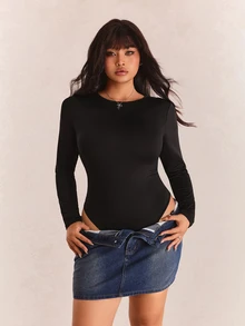 CovetEZ Plus Size Solid Color Long Sleeve Bodysuit Going Out Black Autumn Sexy - Black - View 5