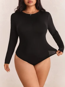 CovetEZ Plus Size Solid Color Long Sleeve Bodysuit Going Out Black Autumn Sexy - Black - View 4