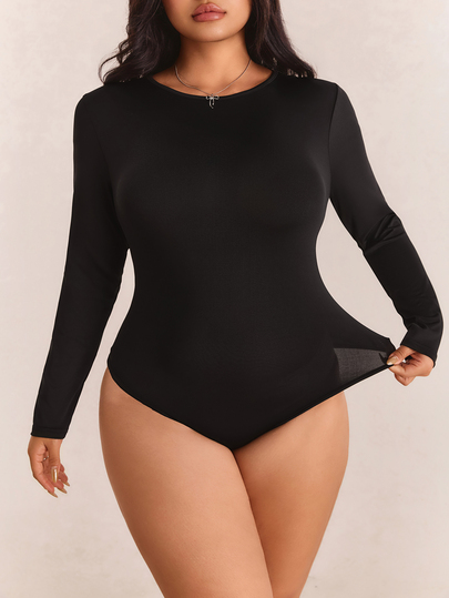 CovetEZ Plus Size Solid Color Long Sleeve Bodysuit Going Out Black Autumn Sexy