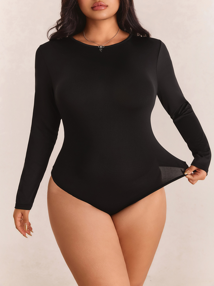 CovetEZ Plus Size Solid Color Long Sleeve Bodysuit Going Out Black Autumn Sexy - Black - View 3