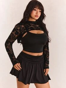 CovetEZ 女款大尺碼蕾絲拼接立領時尚百搭長袖上衣，適合女士的哥德風性感上衣 - 黑色 - 查看 6