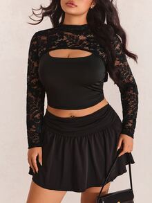 CovetEZ 女款大尺碼蕾絲拼接立領時尚百搭長袖上衣，適合女士的哥德風性感上衣 - 黑色 - 查看 8