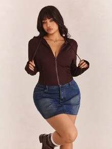 CovetEZ Plus Size Black Solid Color Full Zip Hooded Casual Jacket, Winter New Year Christmas Fall - Coffee Brown - View 4